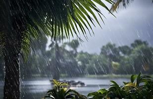 ai generado lluvia en el zona tropical durante el bajo temporada o monzón estación. gotas de lluvia en un jardín. generativo ai foto