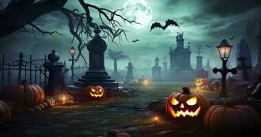 AI generated Pumpkins In Graveyard In The Spooky Night, Halloween Backdrop. Generative AI photo