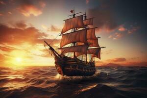 AI generated Pirate ship sailing on the ocean at sunset. Vintage cruise. AI Generated photo