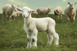 AI generated White lamb in a field in front of other animals. Generative AI photo