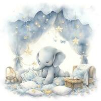 AI generated An elephant on a bed with stars and blankets around the circle. AI Generated photo