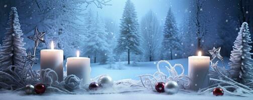 AI generated Winter Forest Landscape With Burning Candles Christmas Decoration. AI Generated photo