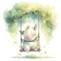 AI generated Cute happy baby rhino on swings in the tree in watercolor style. AI Generated photo