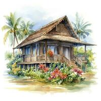 AI generated A watercolored bright serene image of a traditional bahay kubo. AI Generated photo