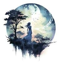 AI generated Forest moon silhouette with fairy shining in the night sky on a white background. AI Generated photo