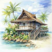 AI generated A watercolored bright serene image of a traditional bahay kubo. AI Generated photo