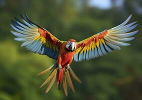 AI generated Flying macaw, beautiful bird. Generative AI photo