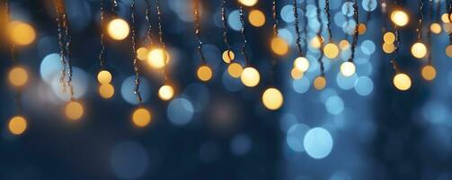 AI generated holiday illumination and decoration concept, Christmas garland bokeh lights over dark blue background. AI Generated photo