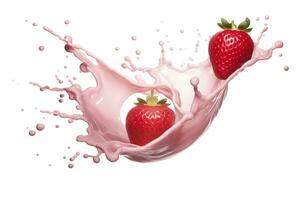 AI generated milk or yogurt splash with strawberries isolated on white background, 3d rendering. AI Generated photo
