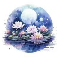 AI generated Floral Moon and Water Lilies on a white background. AI Generated photo