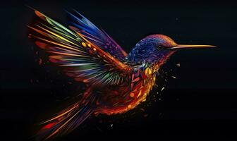 AI generated hummingbird logo with multiple colors flying through the air.  AI Generated photo