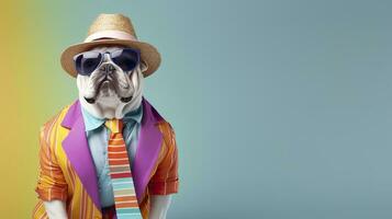 AI generated Cool looking bulldog wearing funky fashion dress. space for text right side. AI Generated photo