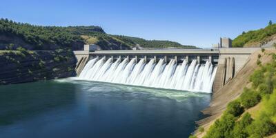 ai generado hidroeléctrico represa generando verde energía desde fluido agua. ai generado. foto