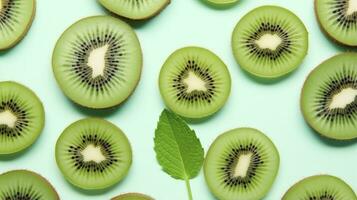 AI generated Slices of kiwi fruit and green mint leaves on a light pastel blue background. AI Generated photo