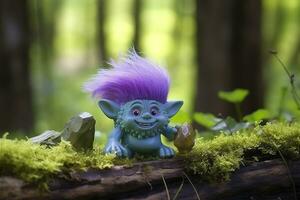 AI generated Tale troll with crystals in the forest, natural green background. Generative AI photo