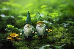 AI generated Toy Irish gnomes in a mystery forest, abstract green natural background. Generative AI photo