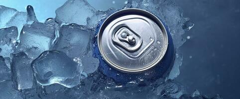 AI generated Top of drink tin can iced submerged in frost ice, metal aluminum beverage. Generative AI photo