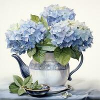 AI generated Watercolor hydrangeas in teapot isolated on white background. AI Generated photo