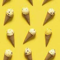 AI generated Ice Cream pattern on yellow background, top view. AI Generated photo