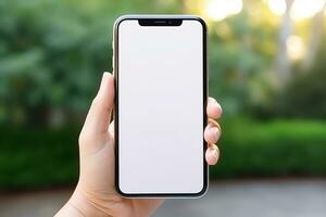 AI generated empty white blank woman smartphone holding mockup photo