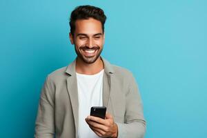 AI generated man looking at phone standing isolated on blue background photo