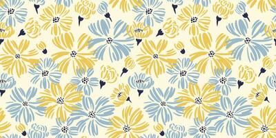 Seamless abstract shape ditsy flowers pattern. Vector hand drawn sketch.  Stylized simple blue yellow daisy floral on a light back print. Summer or spring background. Design for fashion,fabric