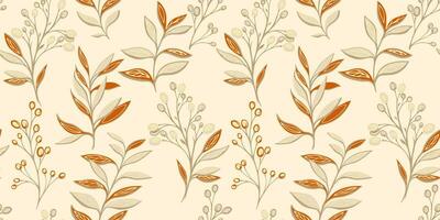 Seamless pattern with abstract, creative, stylized beige leaves stem, branches berries. Vector hand drawn. Template for design