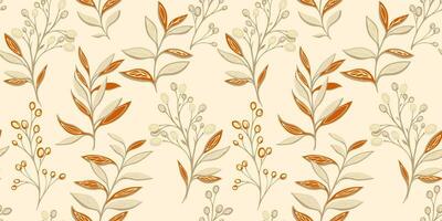 Seamless pattern with abstract, creative, stylized beige leaves stem, branches berries. Vector hand drawn. Template for design