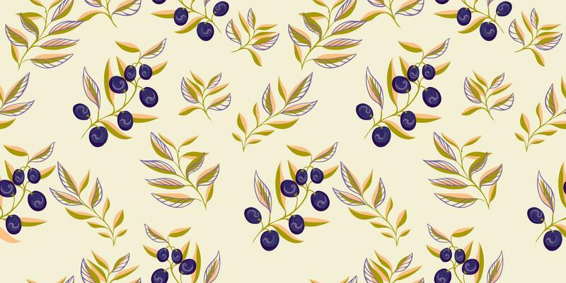 Creative olive branch, olive berries, leaves stem seamless pattern. Modern, colorful, abstract leaf branches print. Vector hand drawn sketch. Template for design, textile, fashion, fabric, wallpaper