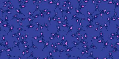Abstract simple floral seamless pattern. Vector hand drawn sketch. Creative tiny branches and drops printing. Trendy vibrant blue background. Design for fashion, textile, fabric, wallpaper
