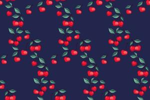 Colorful seamless pattern with creative cute cherry on a dark blue background. Vector hand drawn sketch. Summer berries, fruits, leaves, background. Fruits illustration print. Design for fashion