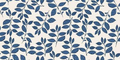 Vector hand drawn creative blue leaf stems seamless pattern. Artistic seamless background with abstract, modern, branches leaves. Template for design, textile, fashion, fabric, wallpaper
