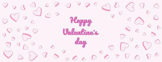 Pastel pink banner happy Valentines day. Background with set vector creative cute simple hearts. Horizontal  border with copy space. Suitable for email header, post in social networks, advertising