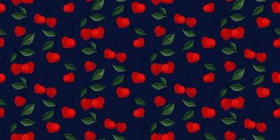 Seamless creative vibrant red cherries pattern on a dark background. Abstract  illustration berries, fruits, leaves print. Vector hand drawn sketch. Design for fabric, fashion, textile, wallpaper