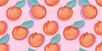 Seamless pattern with hand drawn apricot or peach and leaves. Abstract, stylized, fruits in a vector. Summer pastel pink background. Design for fabric, print vector