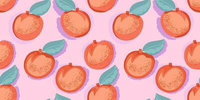 Seamless pattern with hand drawn apricot or peach and leaves. Abstract, stylized, fruits in a vector. Summer pastel pink background. Design for fabric, print vector