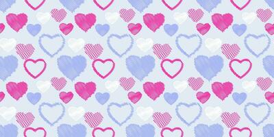 Seamless, simple, pattern with shape hearts on a blue back. Vector hand drawn sketch doodle. Print with set textured heart silhouettes. Valentine, love background. Design  for textile, fashion, fabric