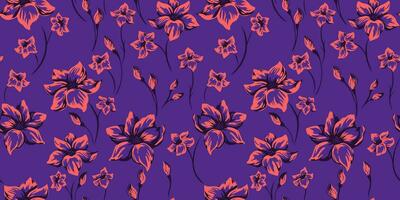 Creative ditsy flowers branches seamless pattern. Vector hand drawn sketch. Colorful brush floral printing on a purple background. Design for fashion, textile, fabric, wallpaper, surface design