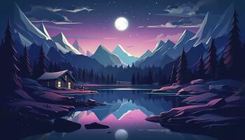 AI generated Moonlight mountain scene, house beside a lake. AI Generative photo