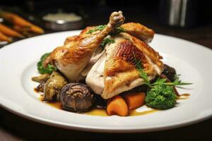 AI generated Plated chicken roast dinner on a white plate with carrot and morel mushroom. AI Generated. photo