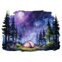 AI generated A Camping Tent in the forest with Night sky, watercolor for T-shirt Design. AI Generated photo