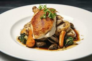 AI generated Plated chicken roast dinner on a white plate with carrot and morel mushroom. AI Generated. photo