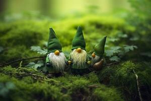 AI generated Toy Irish gnomes in a mystery forest, abstract green natural background. Generative AI photo