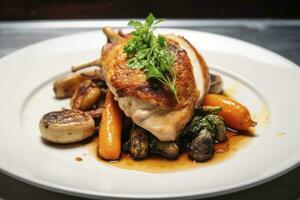 AI generated Plated chicken roast dinner on a white plate with carrot and morel mushroom. AI Generated. photo