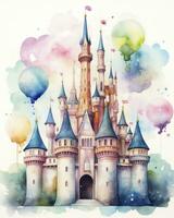 AI generated Colorful watercolor kawaii castle isolated on white background. AI Generated photo