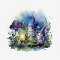 AI generated Watercolor Moonlit Glow of Enchanted Mushrooms for T-shirt Design. AI Generated photo