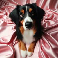 AI generated dog sitting on pink satin fabric photo