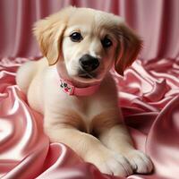 AI generated dog sitting on pink satin fabric photo