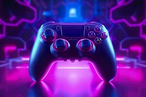 AI generated Video game controller with bright neon light streaks. Computer gamer background, 3D octane render. Game concept ideas.  AI Generative photo