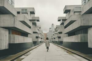 AI generated Woman walking in futuristic brutalist city street.  AI Generated. photo
